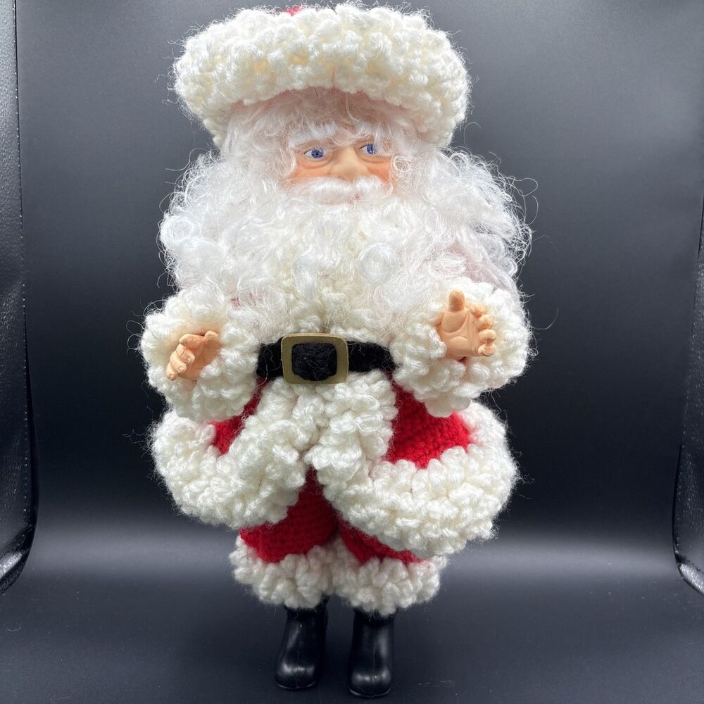 Vintage Santa Claus Plastic Doll with Red Hat In Crochet Red Suit